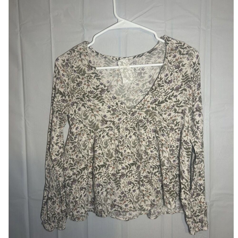 Sadie & Sage Floral V-Neck Babydoll Top Long Sleeve Rayon Boho Blouse S